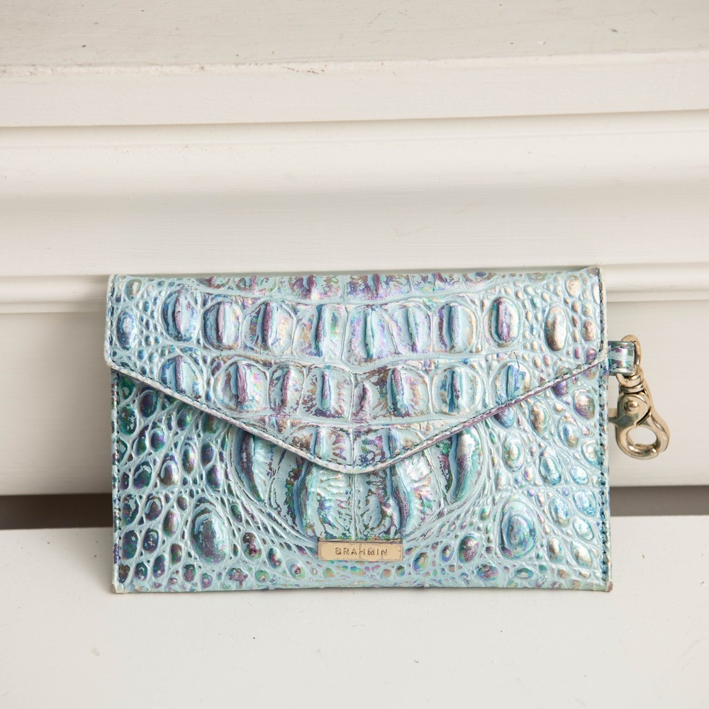 Brahmin Wonderland Envelope Case Iridescent Croc Embossed Clutch Metallic Luxury